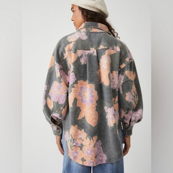 Free People Ruby Floral Grey and Peach Shacket, Size Large - Picture 2 of 9